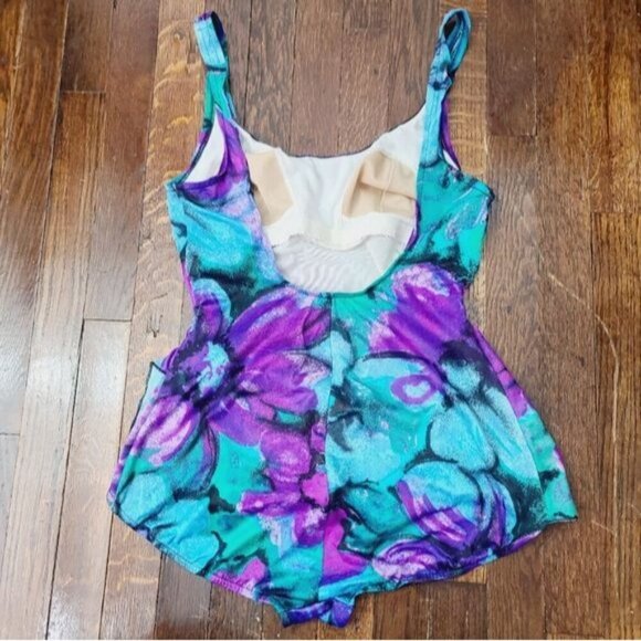 Vintage 80s 90s Jantzen Abstract Watercolor Purple Skirted One Piece Swimsuit - Picture 5 of 15